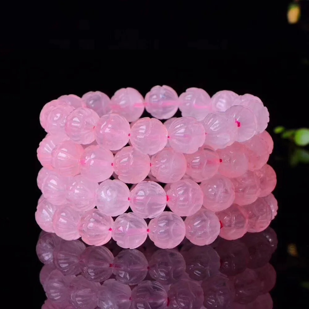 

Natural Rose Quartz Pink Lotus Bracelet Stretch Madagascar 10mm 8mm Woman Rose Quartz Carved Lotus Round Beads AAAAAA