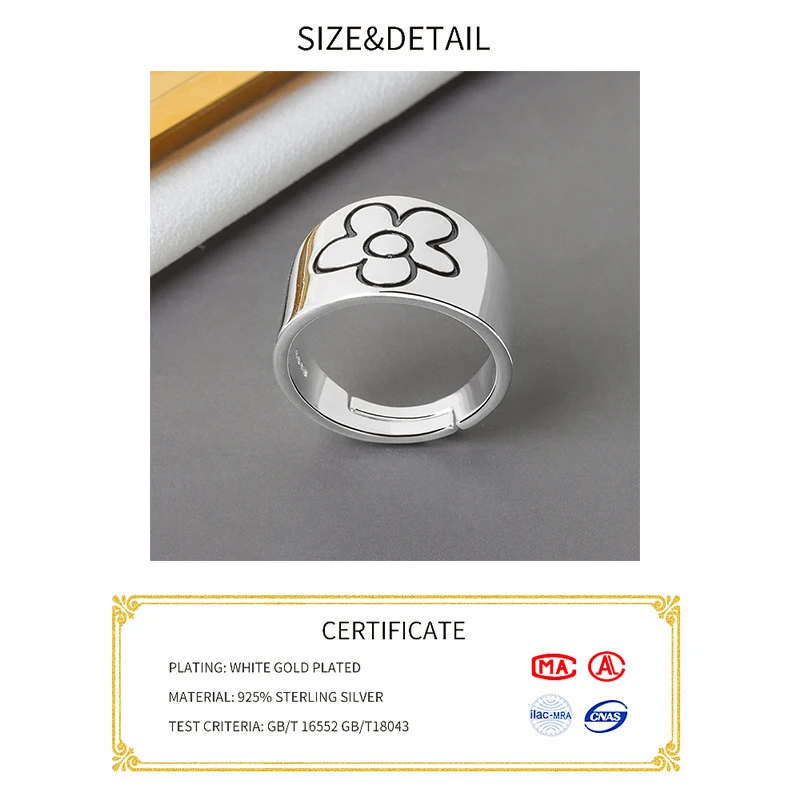 Real 925 Sterling Silver Geometric flower pattern Adjustable Ring Minimalist Fine Jewelry For Women Party Gift adjustable