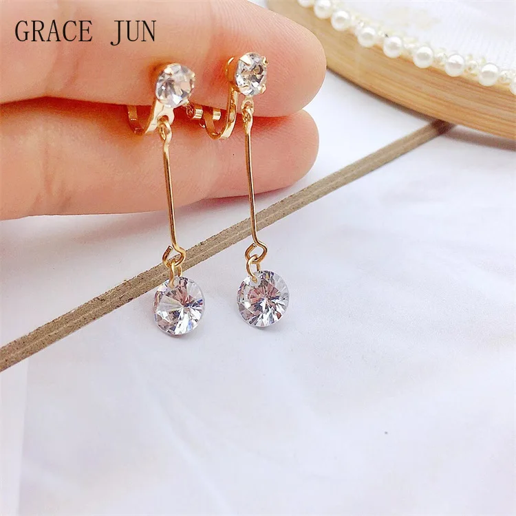 GRACE JUN Top Quality Cubic Zircon Gold Color Clip on Earrings No Pierced Women\'s Simple Fashion Drop Earring Wholesale Jewelry