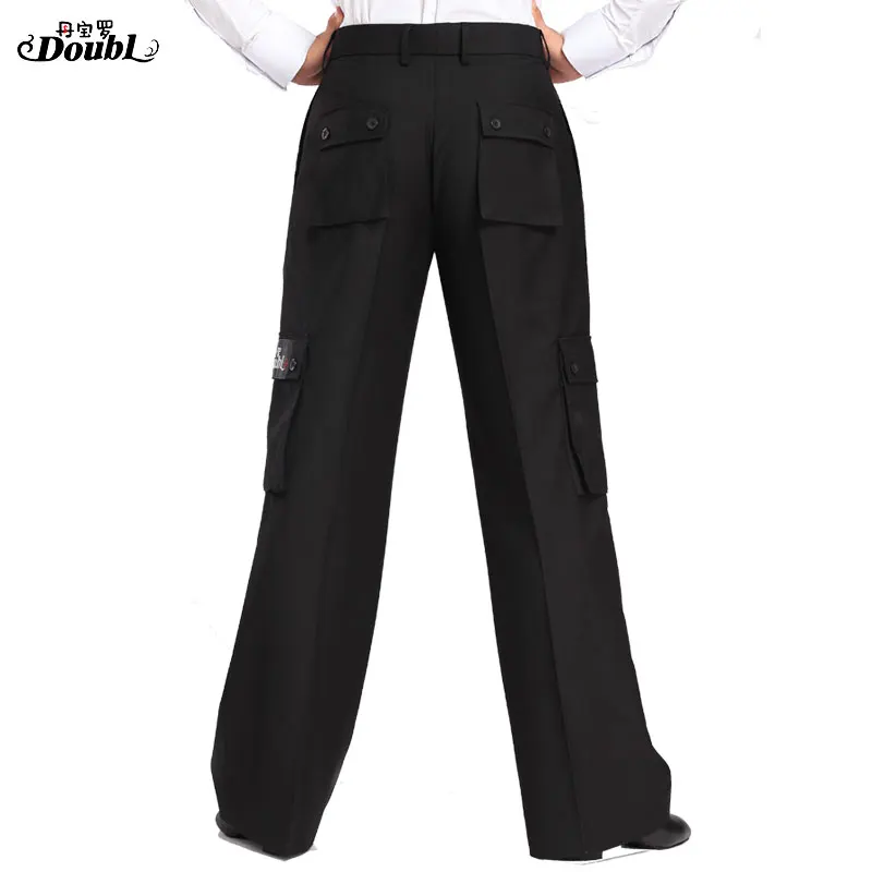 Doubl Brand Latin Modern Standard Fashion Elegant with 6 pockets  Cargo Pants Adult Dance Men\'s Ballroom Trousers Black