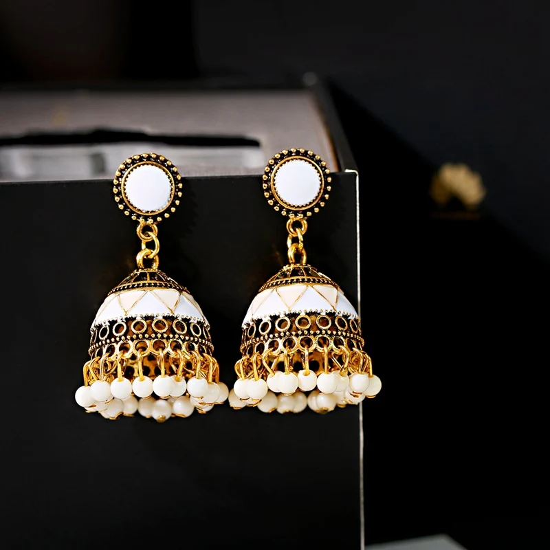 Ethnic Classical Corful Beads Jhumka Indian Earrings Handmade Ladies Gypsy Earring Lantern Tassel Palace Orecchini Donna