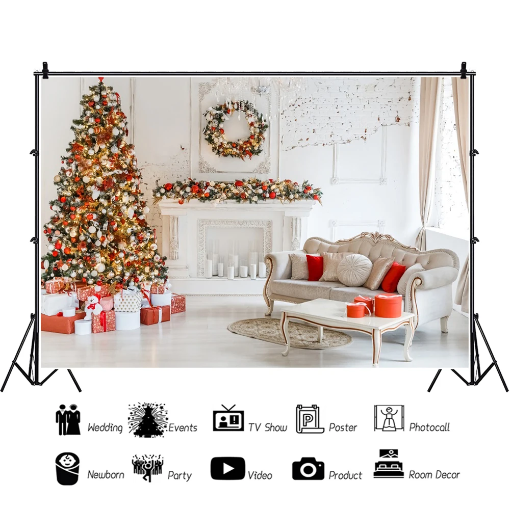 Laeacco-Fondo de árbol de Navidad, chimenea blanca, corona, sofá Interior, niño, bebé, sesión fotográfica escénica, fondo fotográfico para recién nacido