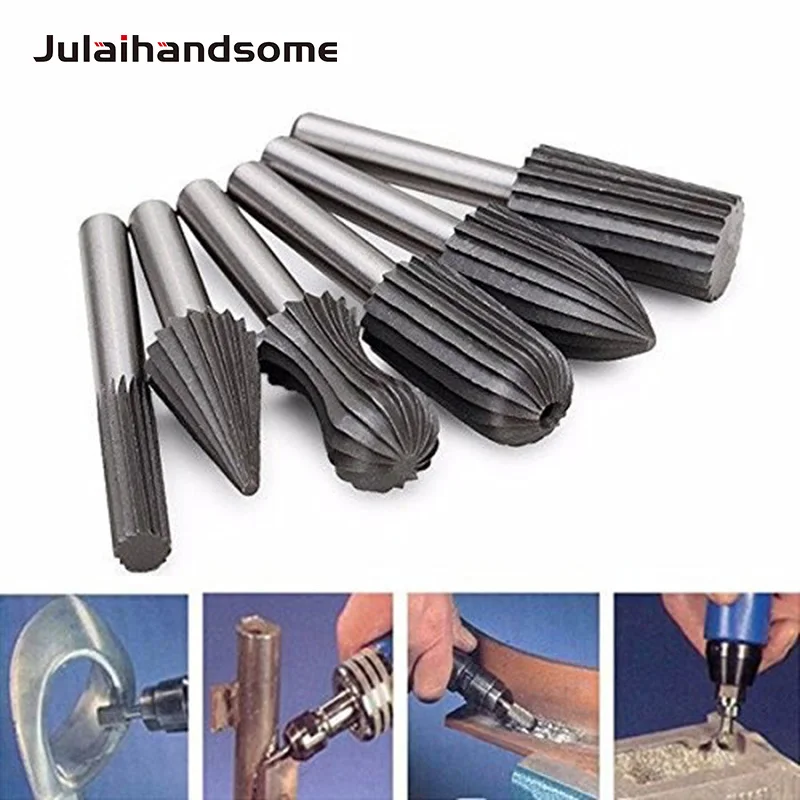 6 pz 1/4 ''6mm codolo incisione Bit Cutter, Burr intaglio del legno utensili rotanti-fresa Hss fresa in metallo duro Set di File rotanti