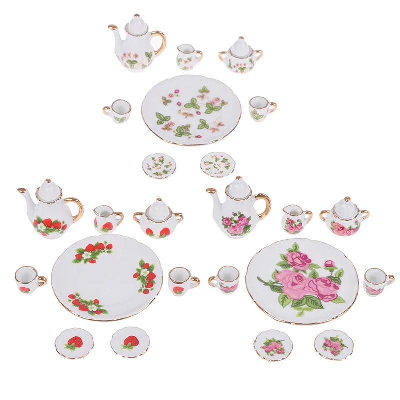 8pcs Restaurants Goods Porcelain Tea Set Plate Cup Plate Flower Print Dollhouse Furniture Accessories Toys Dollhouse Miniature