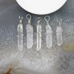 1pcs Natural Clear Crystal Points Pendants,Raw Green/Blue Kyanite Silvery Wire Wrapped White Quartz Stick Necklace DIY Jewelry