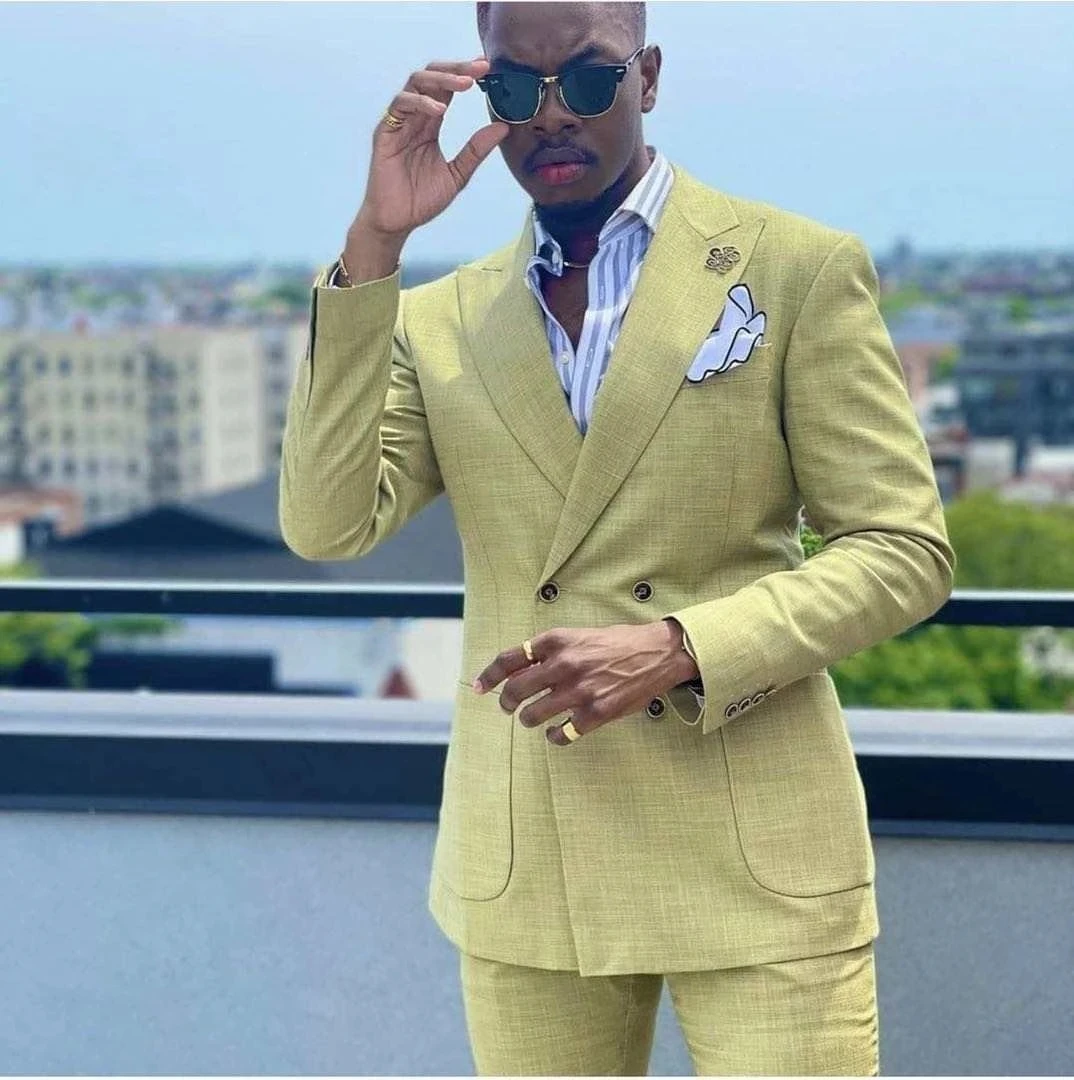 

Yellow Linen Men Suits Summer Costume Homme Wedding Groom Tuxedo Terno Masculino Slim Fit Prom Blazer Sets 2 Pcs Men Clothes
