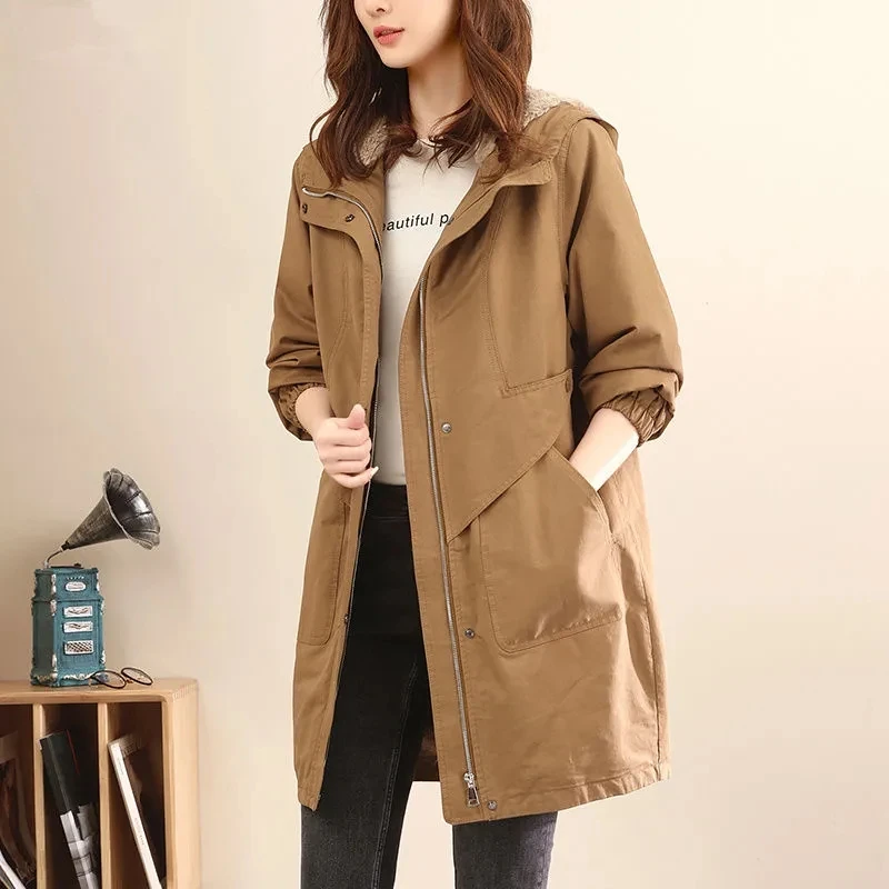 

Parker cotton padded jacket women's long winter new loose lamb wool liner windbreaker jacket thick hooded Trench coat A615