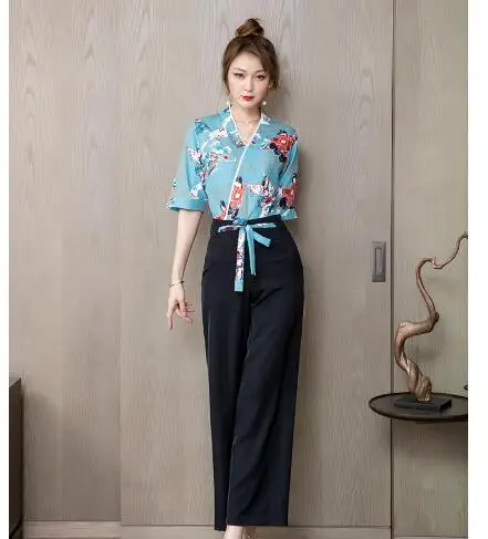 Beautician Work cloth Summer Women Kimono Style Spa Overalls Japanese Suit Include Pants