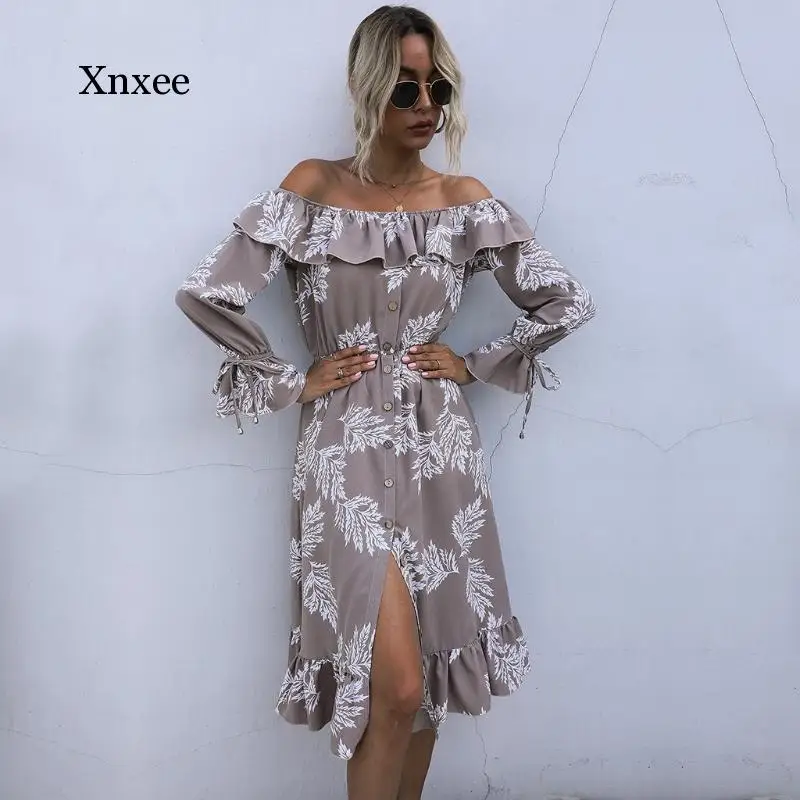 Women One-Neck Off Shoulder Dress Floral Print Long Sleeves Lace-Up Ruffled 2020 Office Lady Autumn Summer Beach Party Sundress