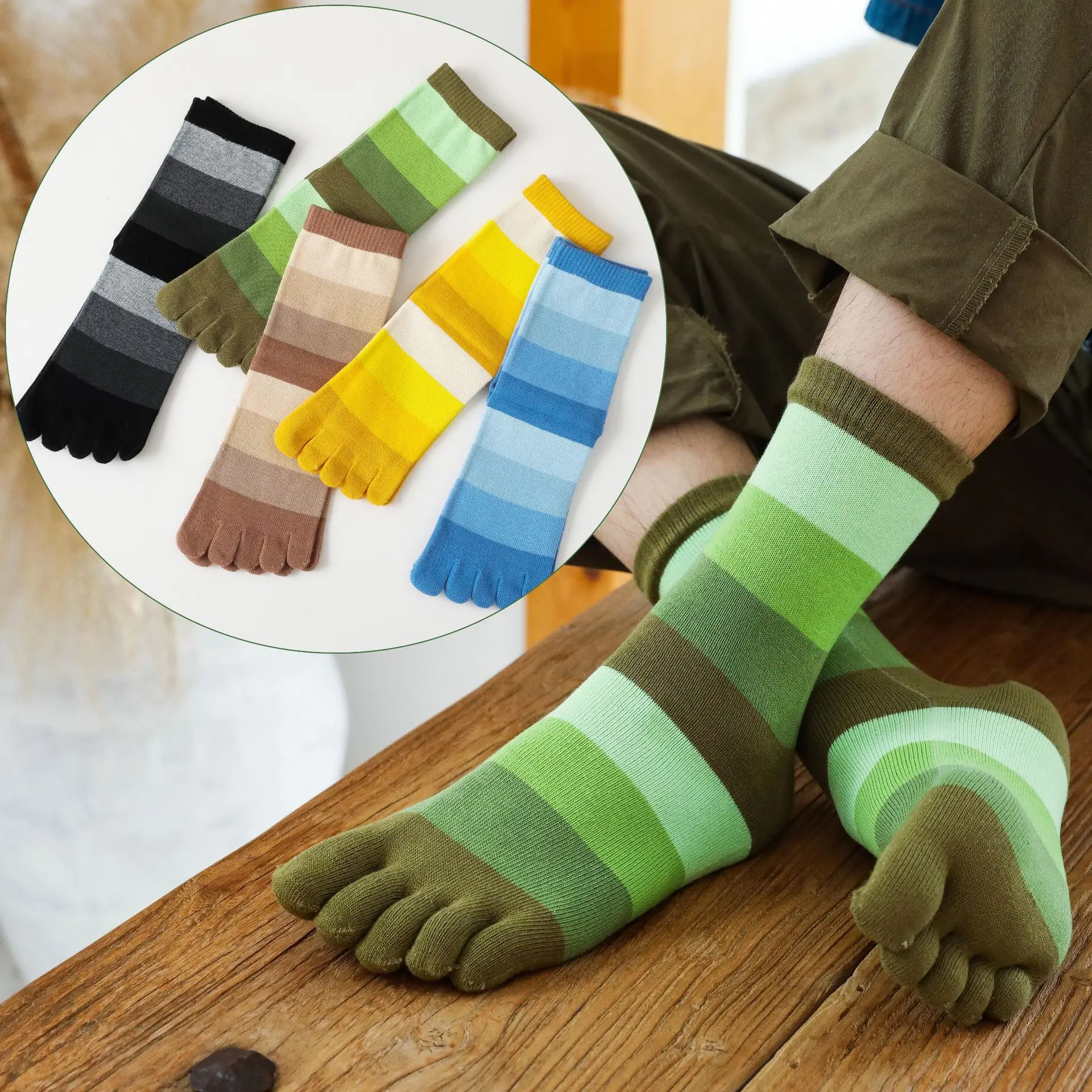 

Autumn Winter New Thick Medium Long Tube Five Finger Socks Pure Cotton Stripe 5 Toe Socks Set