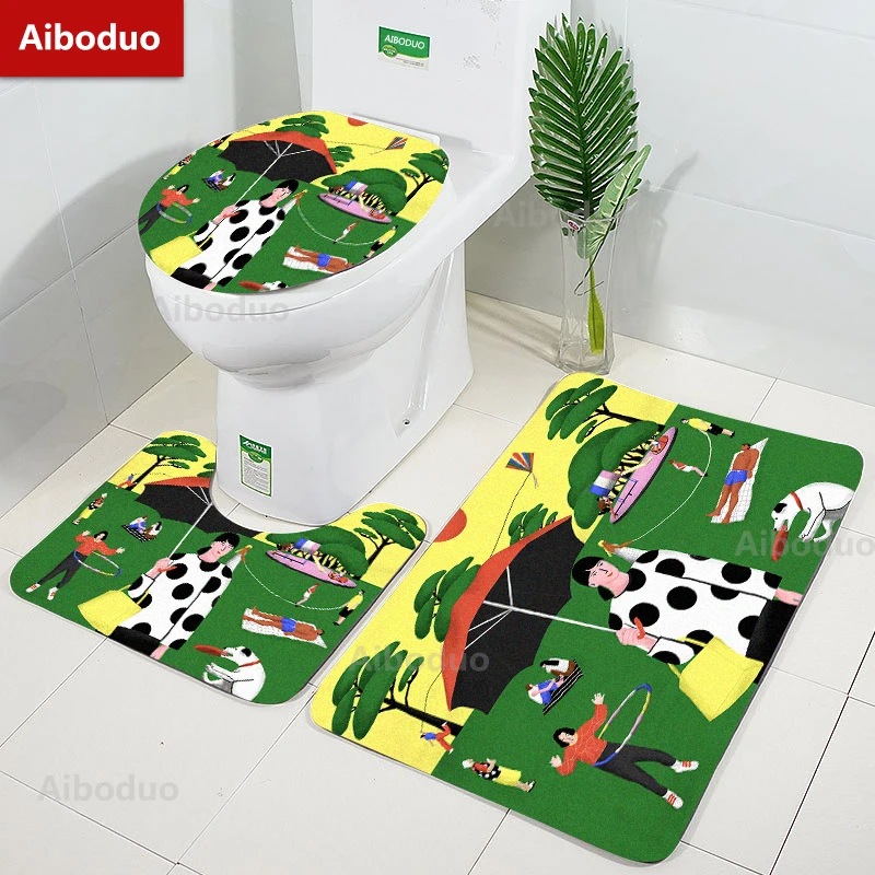 

Aiboduo 3pcs/set Cartoon Cute Non Slip Rug Toilet Lid Cover Set Bathroom Pad Carpet Interesting Bat Mat Home Decoration Contour