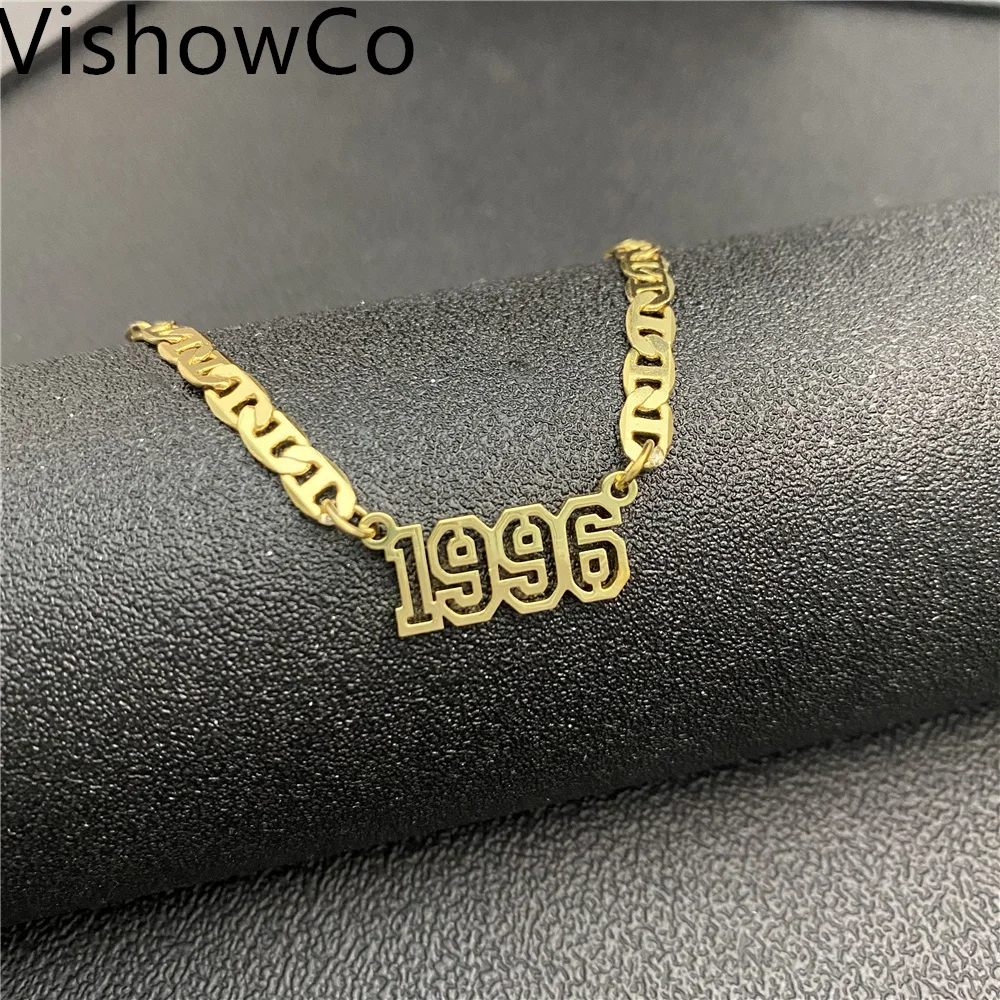 

VishowCo Custom Name Necklace Stainless Steel Flat Chain Personalized Year Number Pendant Necklace Jewelry For Women Men Gifts