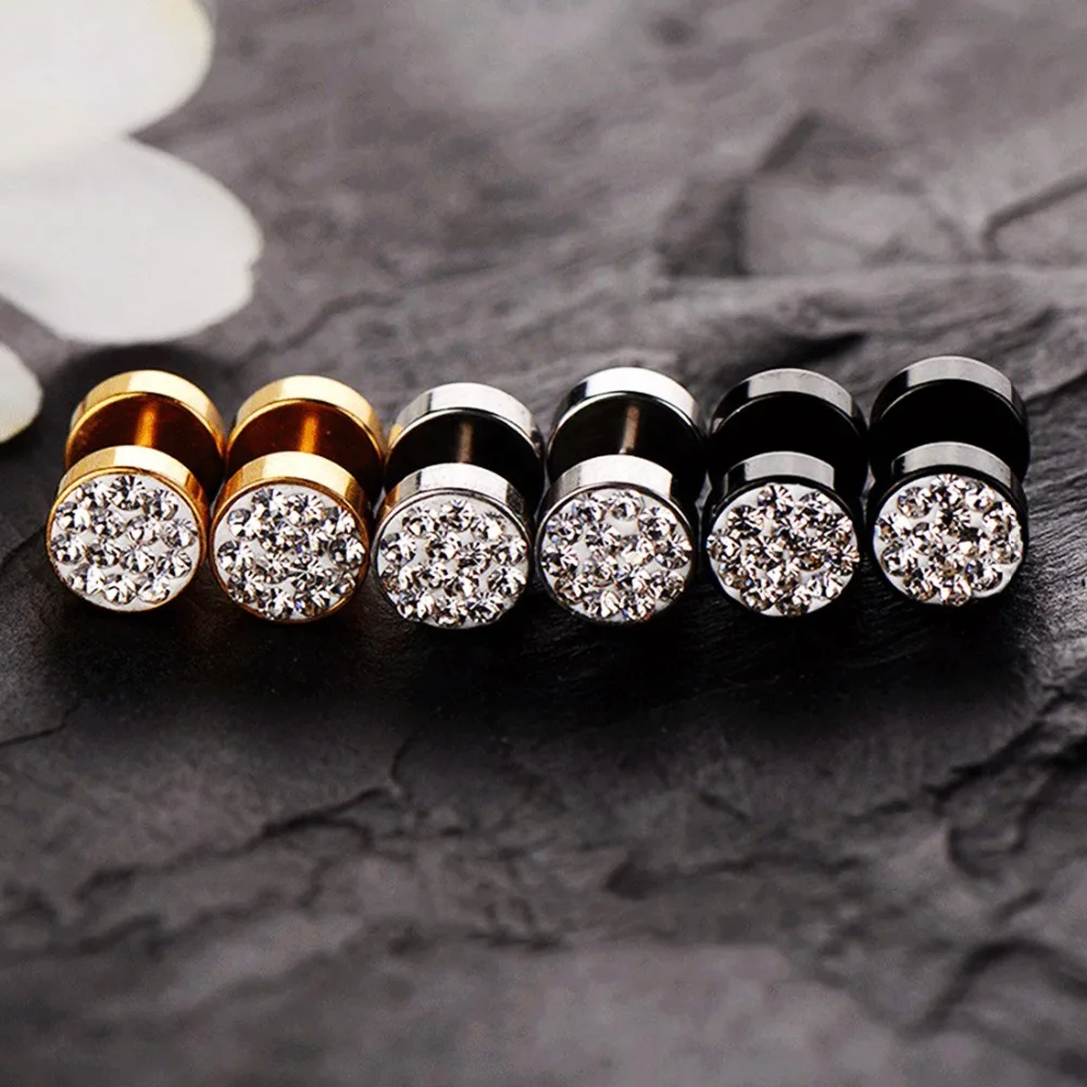 Ohrstecker mit tschechischen Kristallen für Jungen, Edelstahl, Herren-Ohrringe, schwarze Farbe, Ohrstöpsel, Langhantel-Ohrpiercing, Unisex-Schmuck – Detail 4