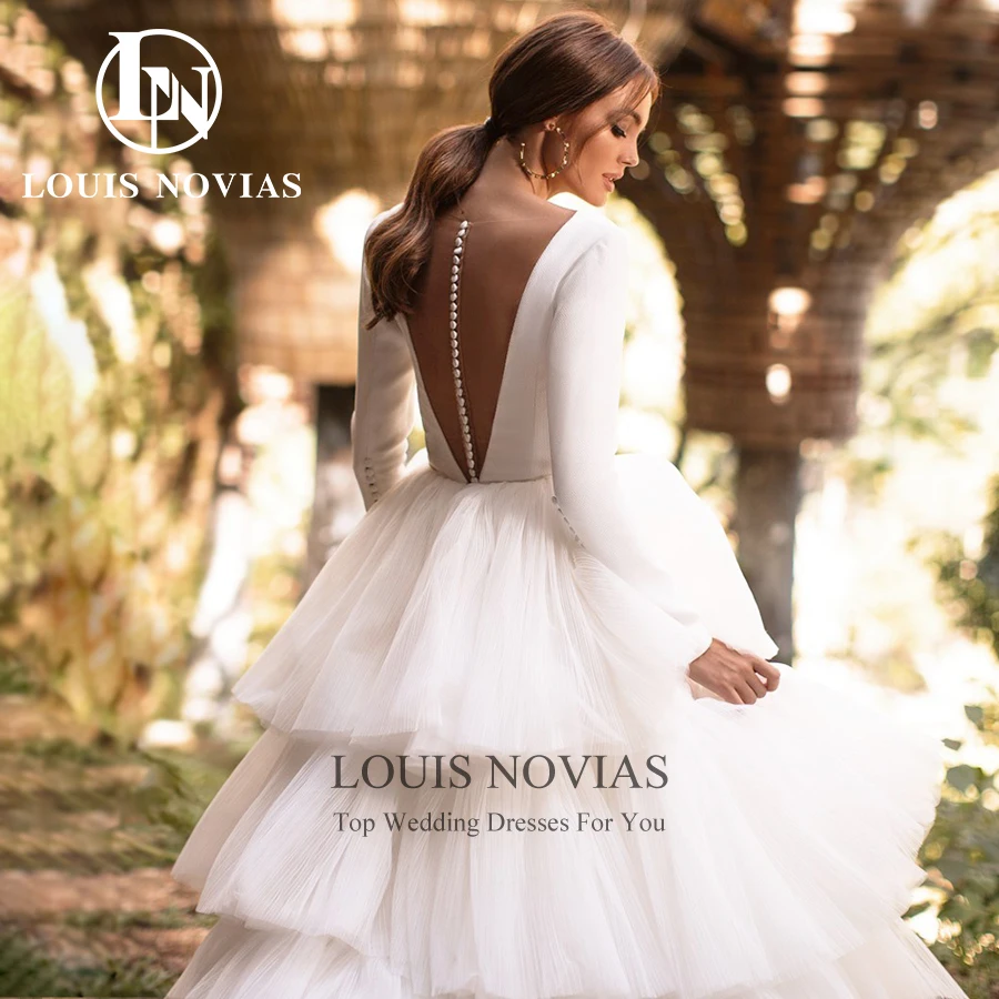 LOUIS NOVIAS Long Sleeve Wedding Dress Simple Satin Sexy Deep V-Neck Backless Tiered A-Line Wedding Gown Bride Vestidos De Novia