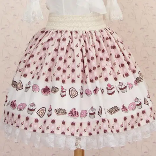 Summer New Women Full Off Cakes Printed Plus Size Skirt Cute Lolita Princess Kawaii Japanese Lace Hem Elastic Waist Pink Bottoms