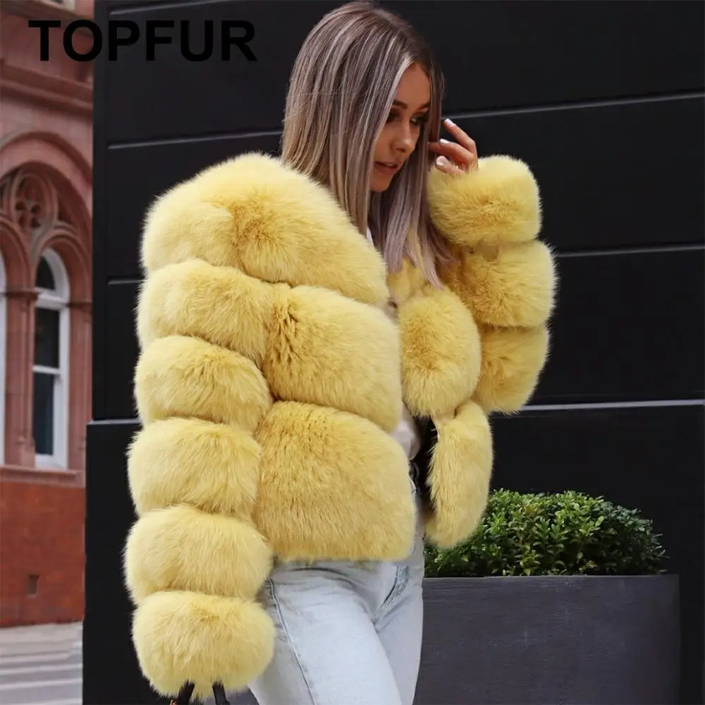 Topfur real pele coar mulheres jaqueta de couro genuíno casaco de inverno casaco de pele de raposa natural casacos amarelos mulheres mais tamanho outwear