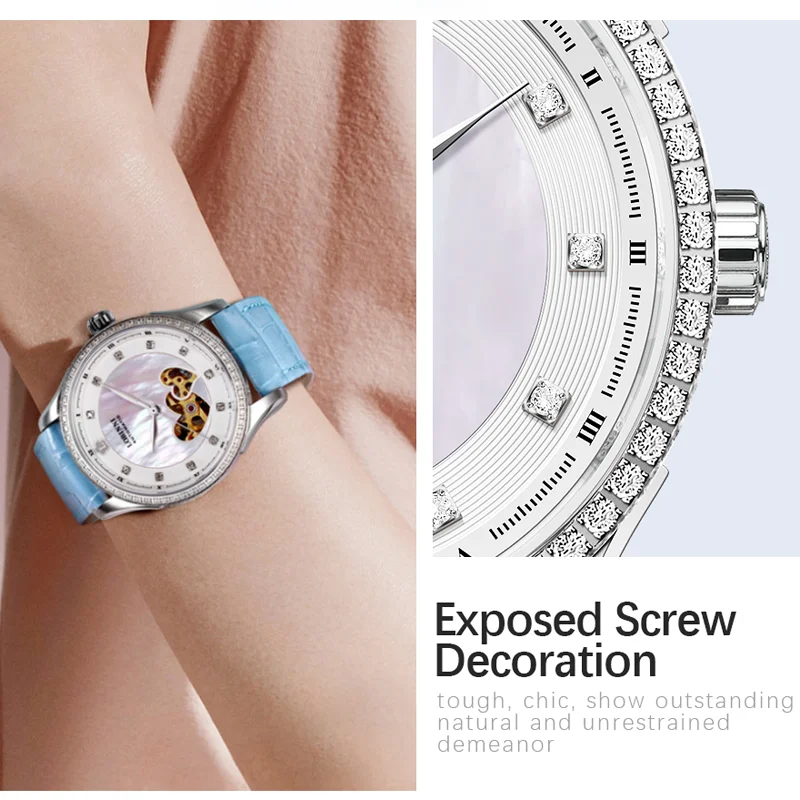 LOBINNI Fashion diamond Design Lady Clock Elegant Women Waterproof Watches Leather Strap Automatic Mechanical Watch