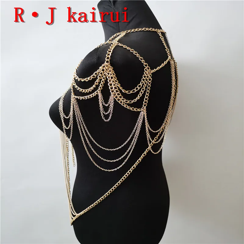 New Fashion B668 Women Punk Gold Colour Chains Jewelry Unique Design Neck Body Shoulder Chains Jewelry Top Costume Jewelry