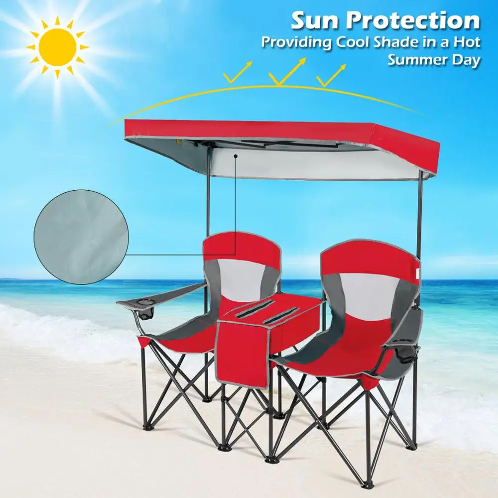 Portable Folding Camping Canopy Chairs w/ Cup Holder Cooler Outdoor