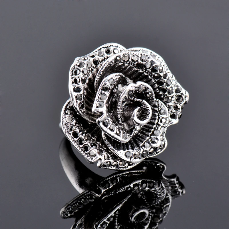 SINLEERY Retro Big Black Crystal Rose Flower Rings For Women Vintage Antique Silver Color Wedding Jewelry New Design