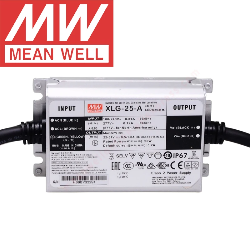 Mean Well XLG-25-A IP67 Metal Case with PFC Street lighting meanwell 22-54V/700mA/25W Constant power Mode LED Driver