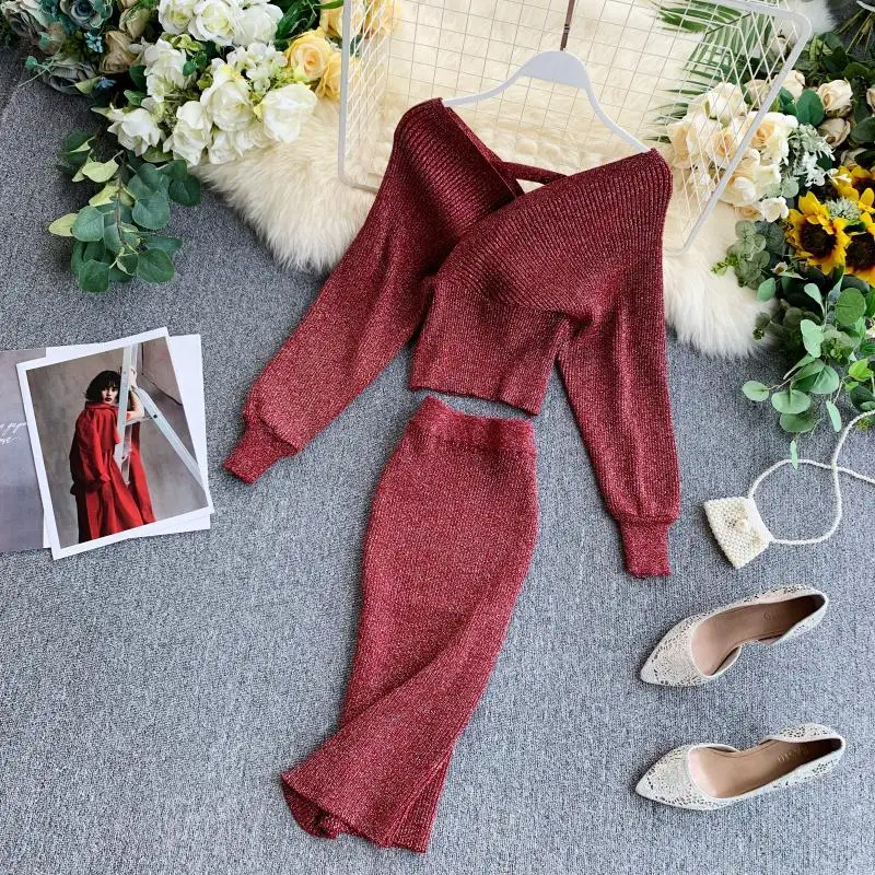 Croysier Winter dwuczęściowy zestaw kobiet sweter Top i spódnica 2 sztuka dzianiny zestaw kobiet ubrania eleganckie Sexy Bodycon zestawy stroje