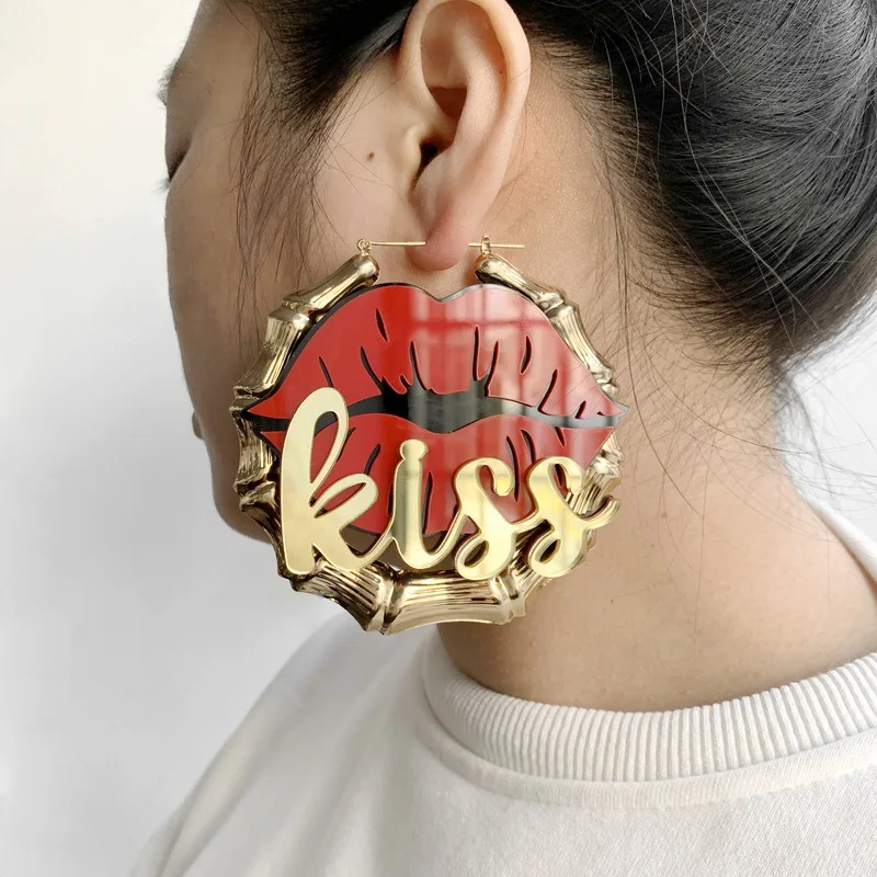 SOMESOOR Red KISS Lips Hoop Women Earrings Mirror Golden Color Letter Big Bamboo Circle HipHop Jewelry Valentine\'s Day Girl Gift