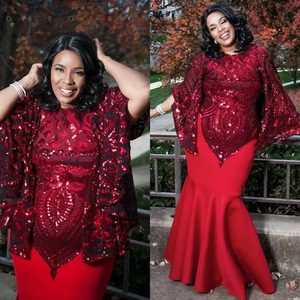 

Sparkly Plus Size Lace Mermaid Prom Dresses Bateau Neck Long Sleeves Evening Gowns Sequined Floor Length Satin Formal Dress