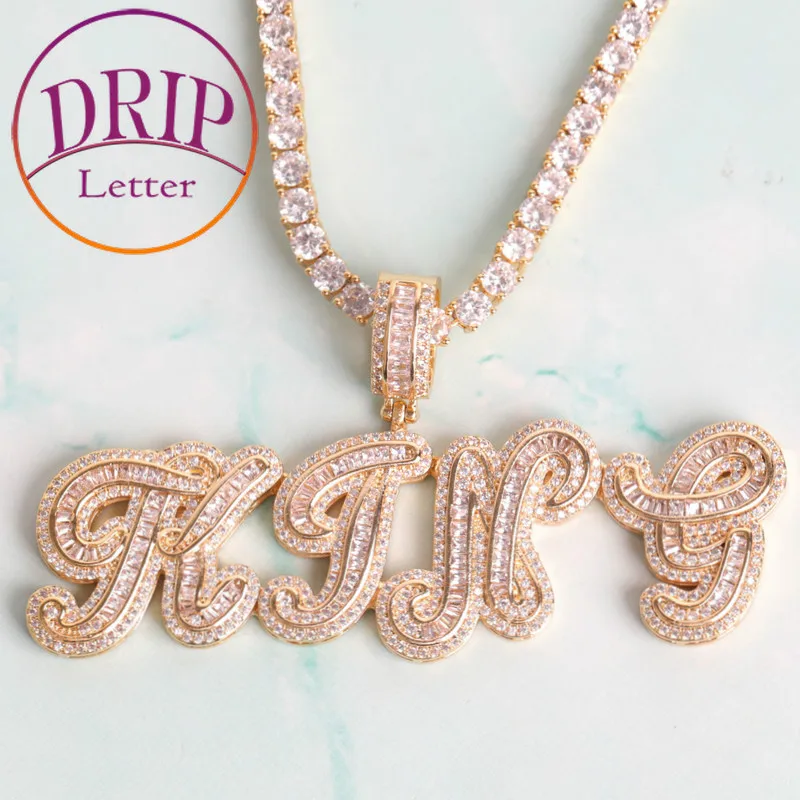 Drip Letter Customized Necklace for Men Personalized Pendants Baguette Cursive Font Charms Hip Hop Rock Street Fashion Jewelry