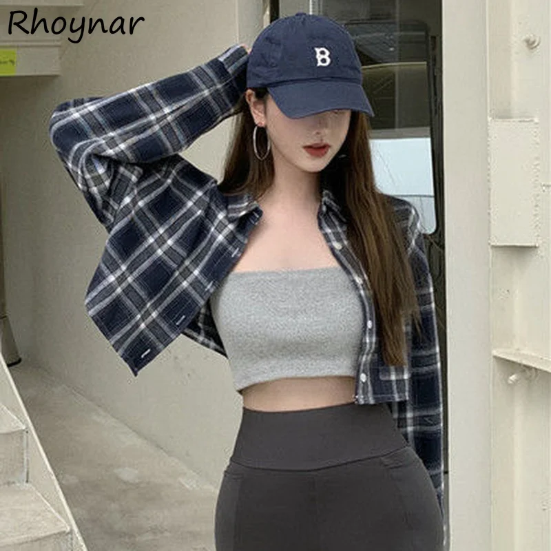 

Plaid Cropped Shirts Women All-match Fashion Summer New Vintage College Female Streetwear Leisure Elegant Cozy Korean Style Chic