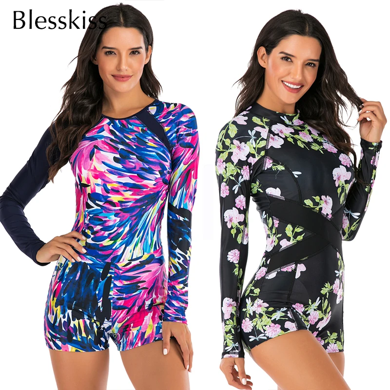 Blesskiss Retro Swimsuit Women One Piece Swimwear 2023 Long Sleeve Padded Surfing Swimming Suit For Ladies Printed Bathing Suit