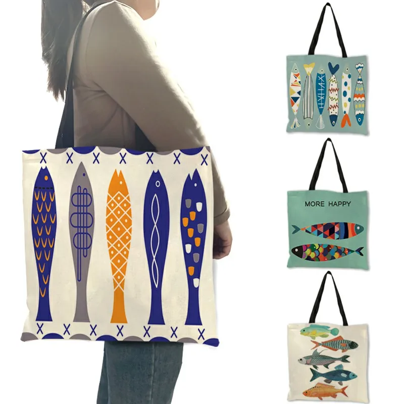 Creative Personalized Tote Bag Colorful Geometric Fish Pattern Printing Handbag Fashion Unisex Practical Casual Travel Package