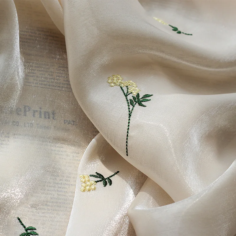 

New Bright Silk Satin Embroidered Dandelion Fabric For Wedding Dress Spring And Summer Dress Shirt Designer Fabric