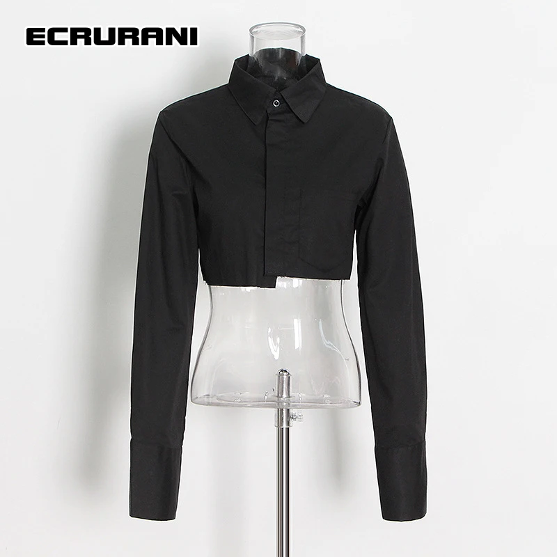 

ECRURANI Minimalist Black Short Shirts For Women Lapel Long Sleeve Casual Solid Slimming Women's Blouse Female 2021 New Clothing