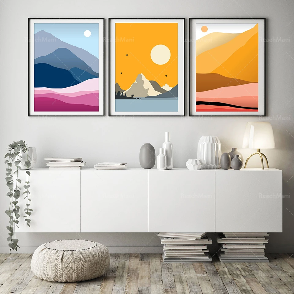 

Minimalist Sunrise Sunset Triptych, Scandinavian Landscape, Abstract Mountain Hills Set, Colorful Scenery, Blue Lake, Abstract P