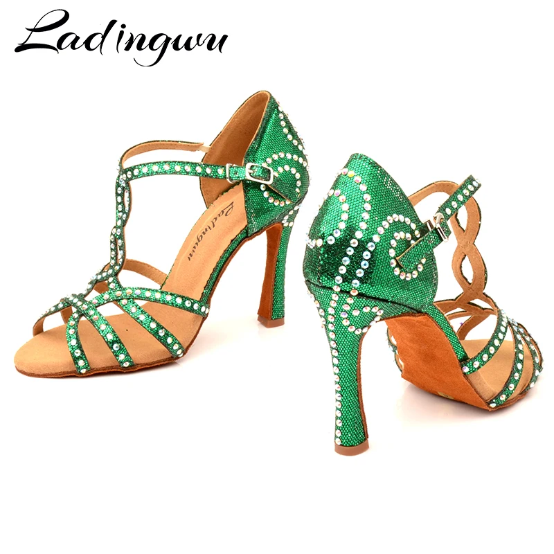 Ladingwu Women Latin Dance Shoes Green Flash Cloth Dance Shoes Lady Rhinestone Ballroom Salsa Tango Dance Shoes Professional