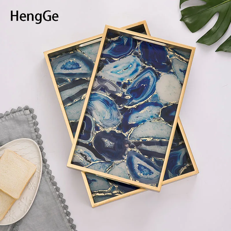 

Green Agate Texture Glass Trays Decorative Golden Wooden Handle Decoration Restaurant Serving Tray Living Room Storage Plate