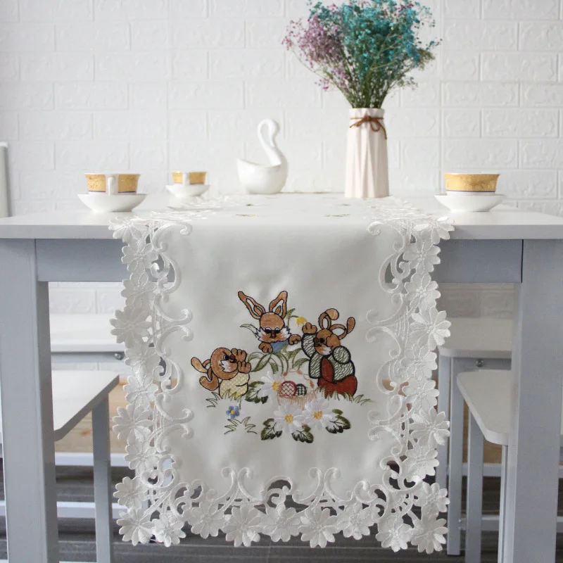 Nordic Lace Rectangular Hollow-out Tablecloth Flower Rabbit Embroidered Satin Table Covers White Home Wedding Party Decoration