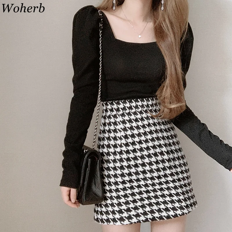 Woherb Chic Square Collar Puff Sleeve Vintage Thin Pullover Slim Fit Pleated Solid Sweater Autumn Spring 2024 New Knit Top