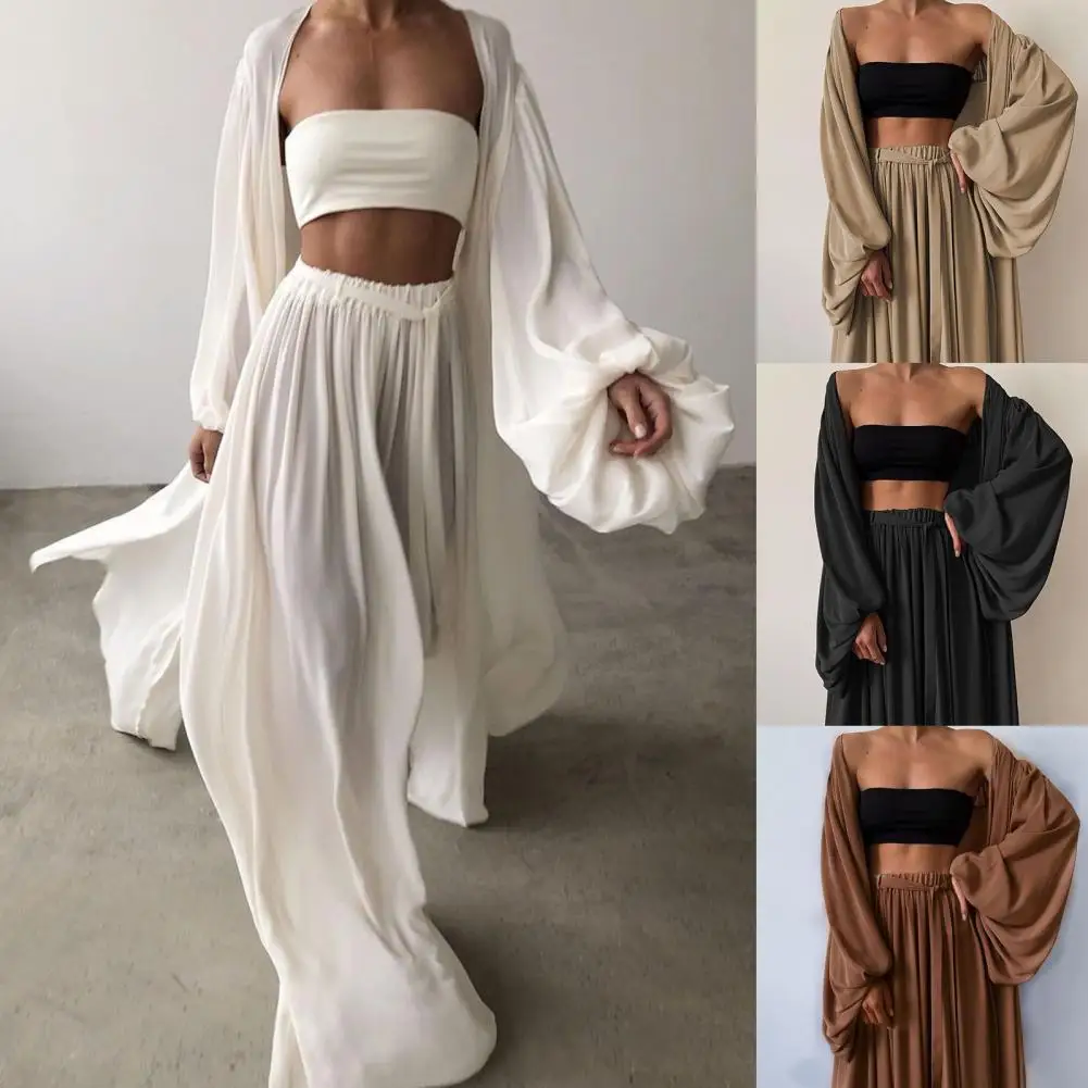 Summer Sets for Girl Suit Sexy Outfit Solid Color Long Sleeve Cardigan Tube Top Wide Leg Pants 3Pcs/Sets Tracksuit Streetwear