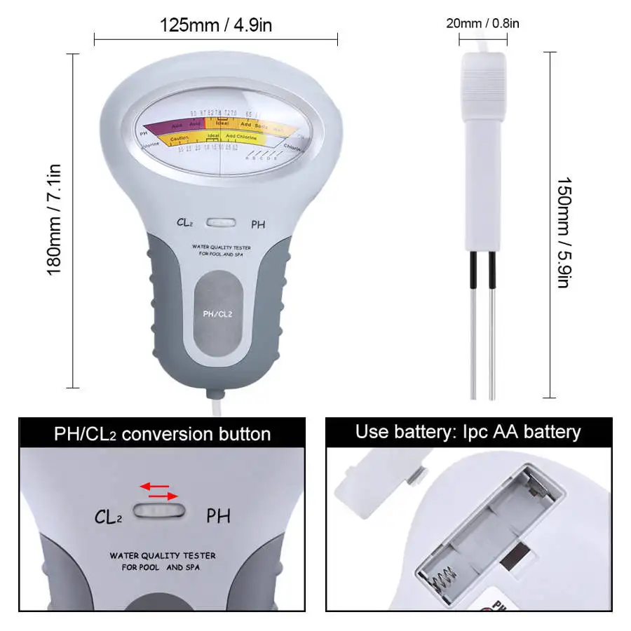 PH CL2 Meter Chlorine Testers Chlorine Flowmeter Meters   Water Monitor Quality Analysis Measuring Tool For Pool Aquarium PC-101