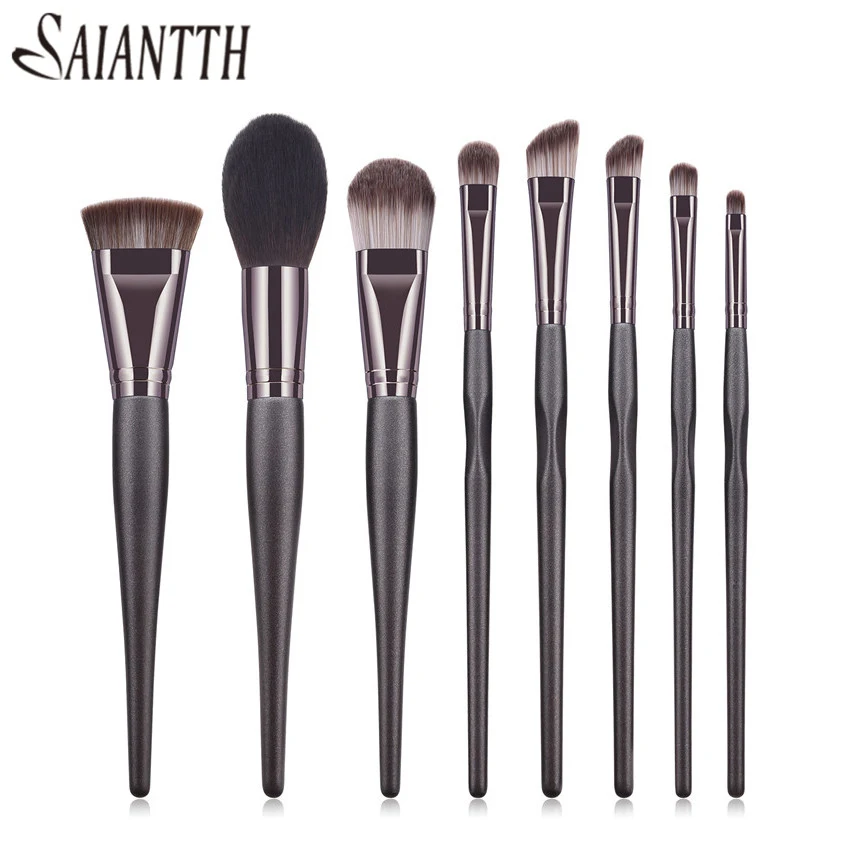 SAIANTTH 8pcs makeup brushes set wooden long beauty tool make up black coffee loose powder brush professional maquiagem kit