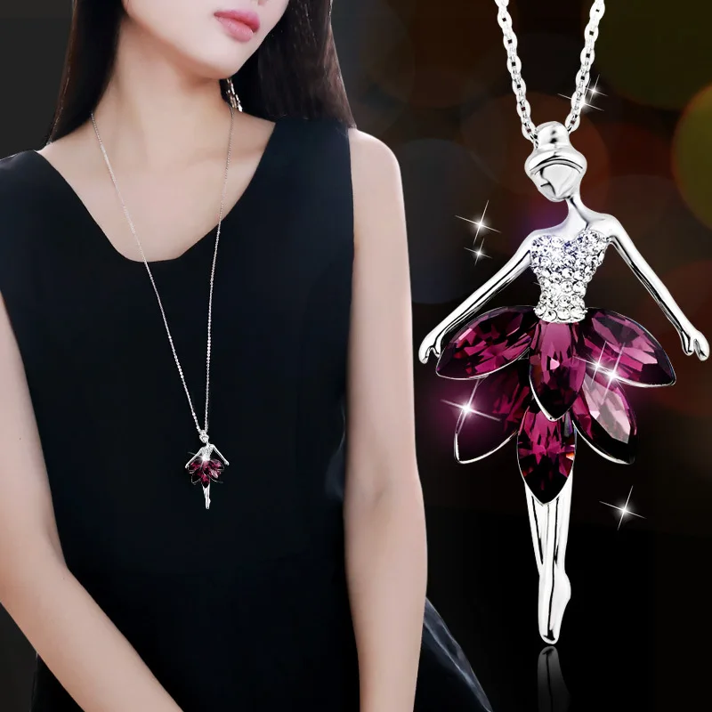 LWMMD Romanic Dancer Pendant Necklace Silver Color Blue Gray Crystal Ballet Dancing Girl Collar Necklace Fairy Jewelry