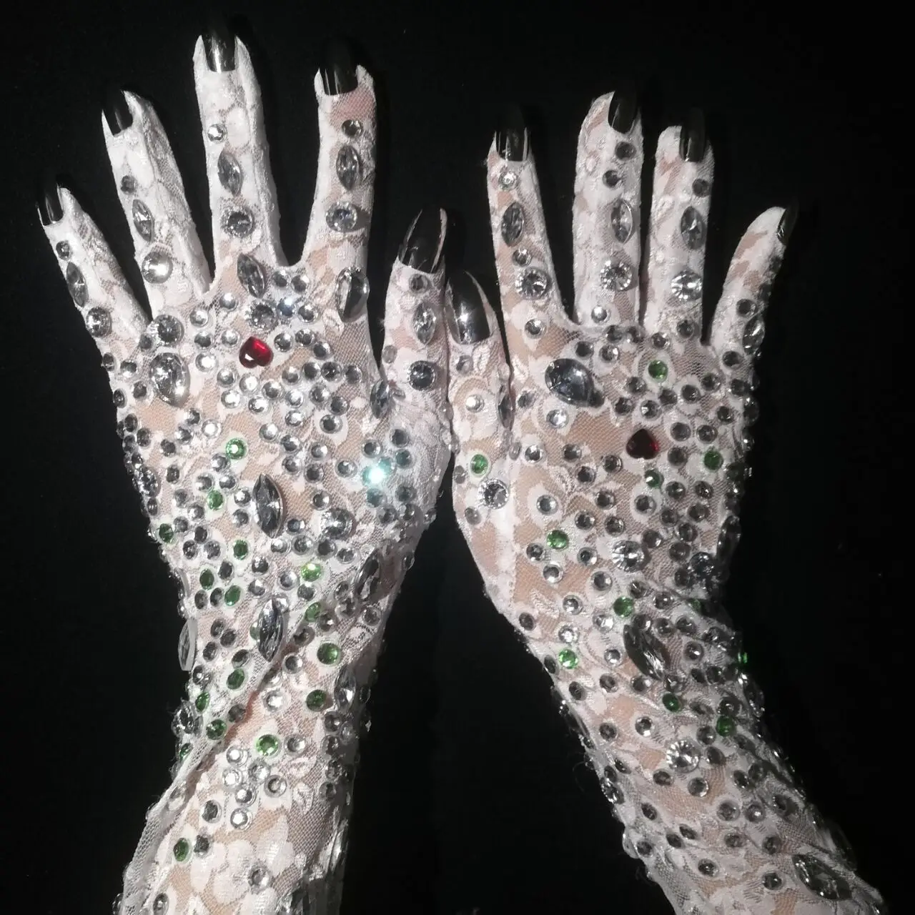 Black White Wedding Gloves Mesh Stretch Rhinestones Crystals Long Mittens Singer Dancer Show Performance Stage Accessories