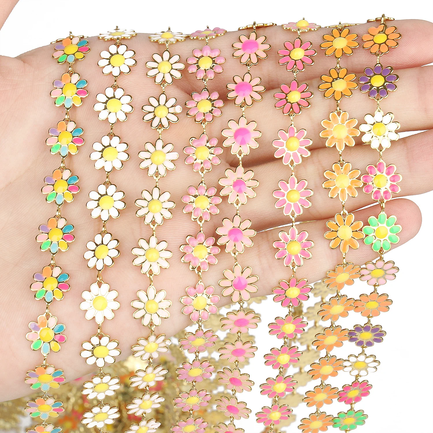 1M Gold Color Stainless Steel Enamel Flower  Beads Chains for Bracelets Necklace Ankles Jewelry Making DIY Accessories