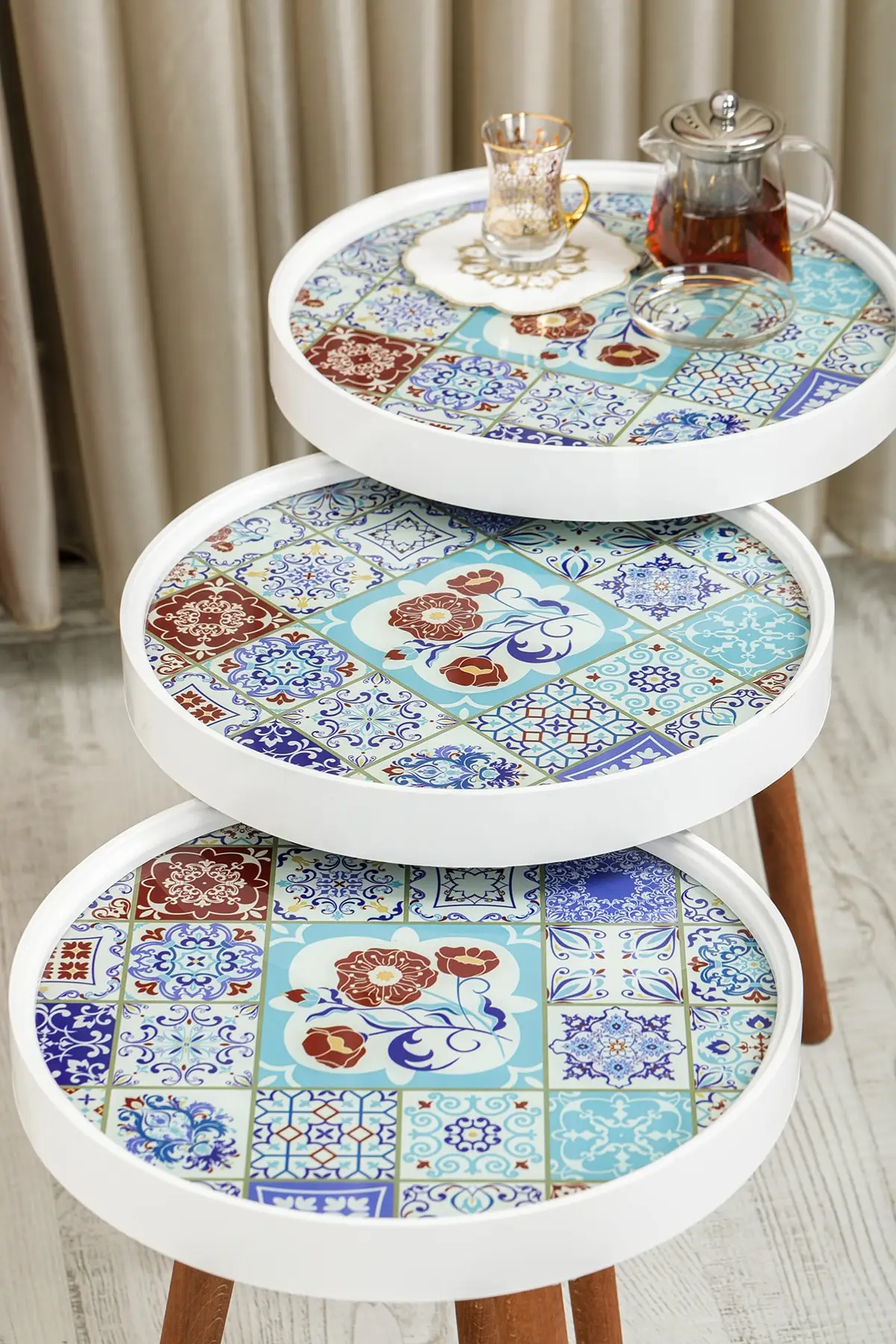 Table basse Zigon, 3 pièces, verre rétro, impression spéciale