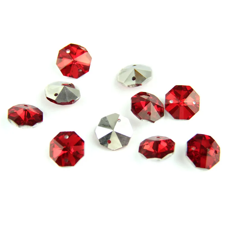 50 Pieces Red Silver-plated Bottom Color 14mm Glass Octagon Beads With Two Holes Feng Shui Pendants For Accessories