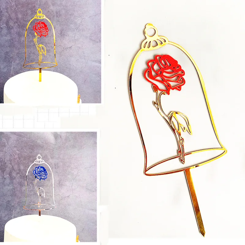 New wedding cake topper Golden silver rose acrylic Couple proposal desserts decoration for wedding party cupcake topper supplies