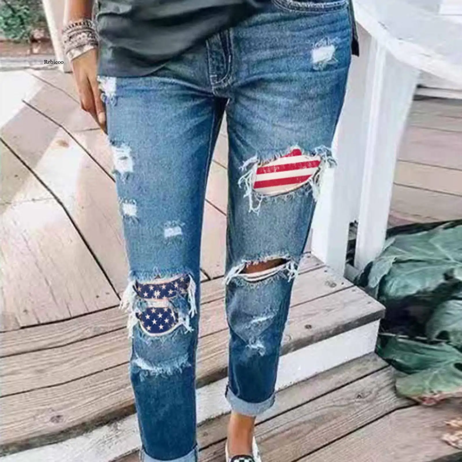 Women'S Fashion Jeans Ladies Ripped Independence Day Distressed Printed Casual Vintage Jeans Women High Waist Streetwear Denim