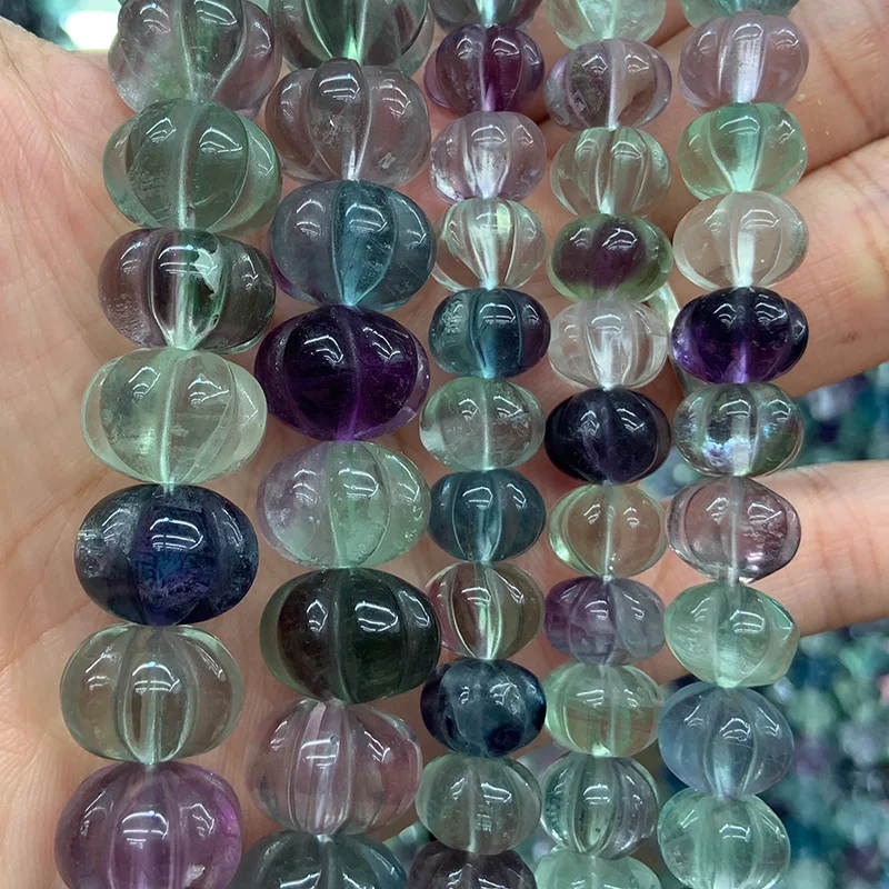 

Natural Fluorite Stone Beads 15'' Rondelle Carved Pumpkin DIY Loose Beads For Jewelry Making Beads Women Bracelet Necklace Gift